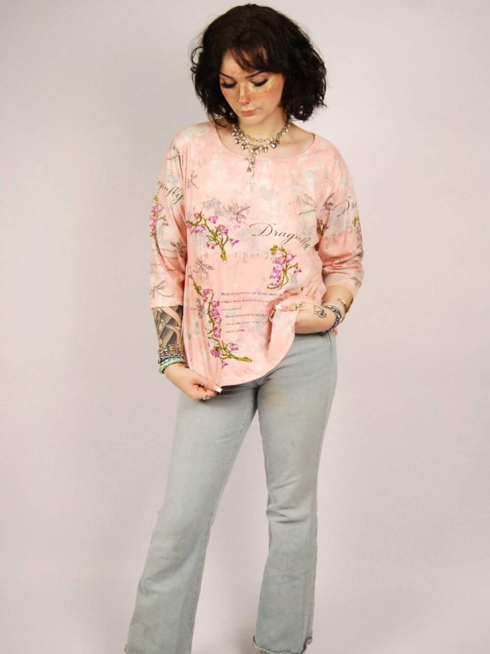 Y2K Dragonfly Top (XL) pink vintage womens multi print plus size boho hippie